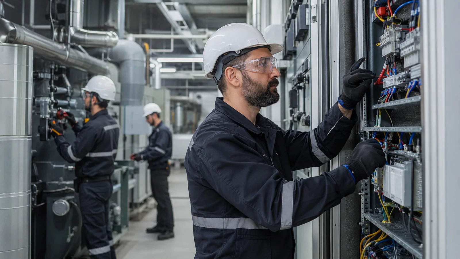 Technicians performing building maintenance