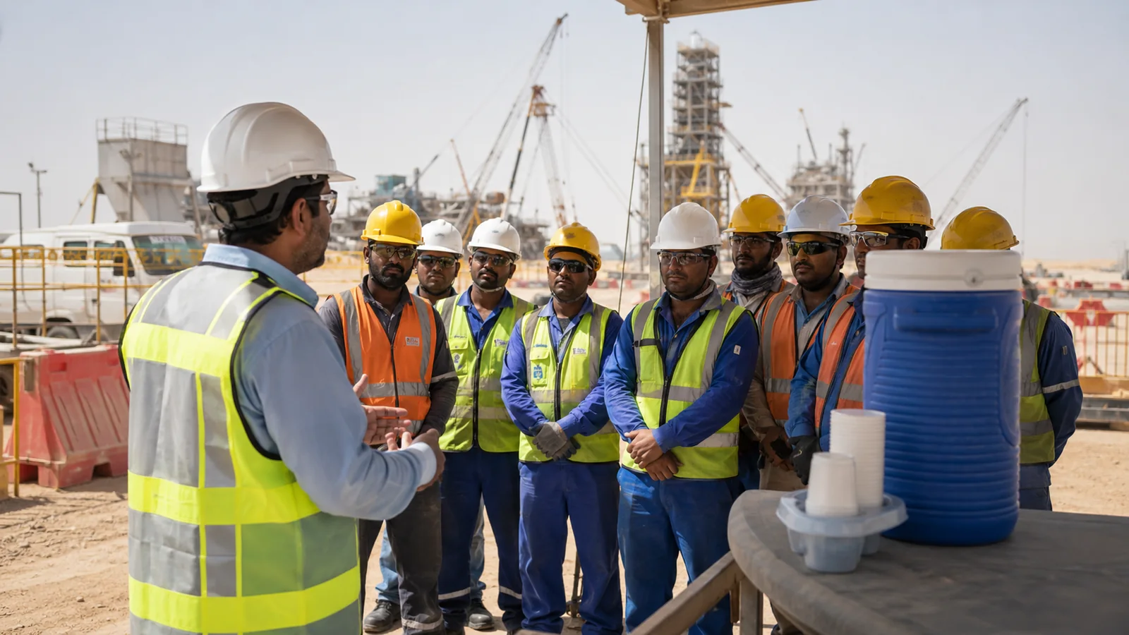 Workers attending a site safety briefing
